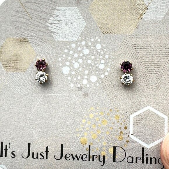 Womens Earrings 14K Yellow Gold Purple Clear CZ Studs Pierced Gift Idea for Her